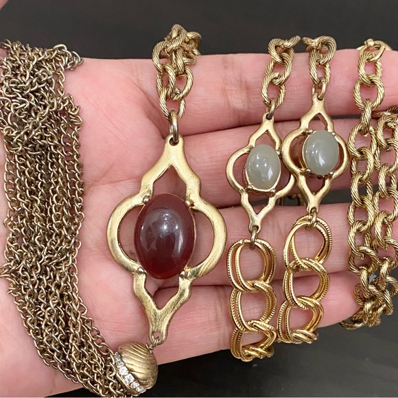 Vintage Double Sided Semi-Precious Stone Gold-tone Chain Tassel Necklace - Picture 13 of 16